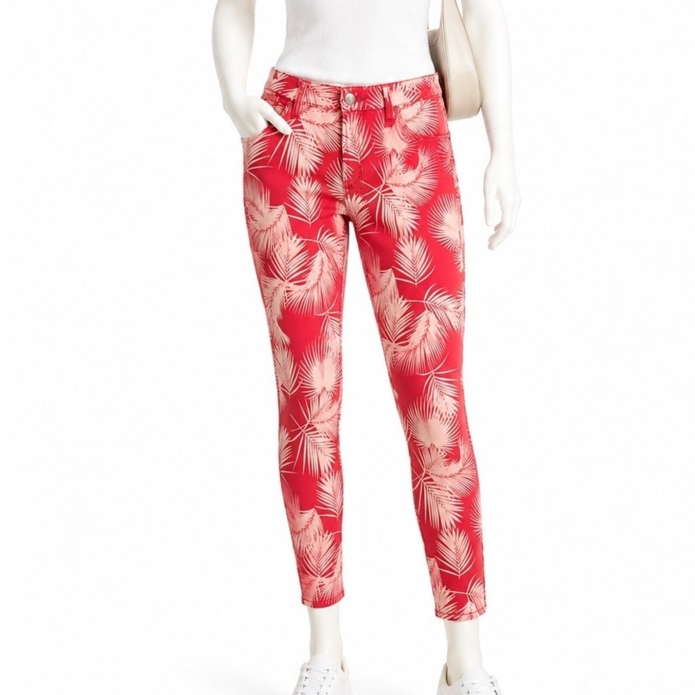 Jen7 Womens Ankle Skinny Jeans Red Pink Tropical Palm Leaf Print 10